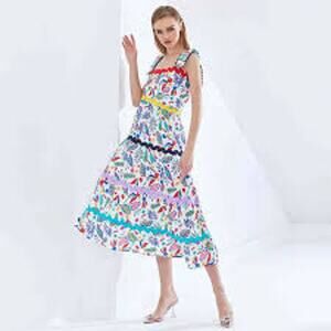ETERNA Tiered Maxi Exotic Dress Rainbow Strap Floral Tropical Resort Wear Dress